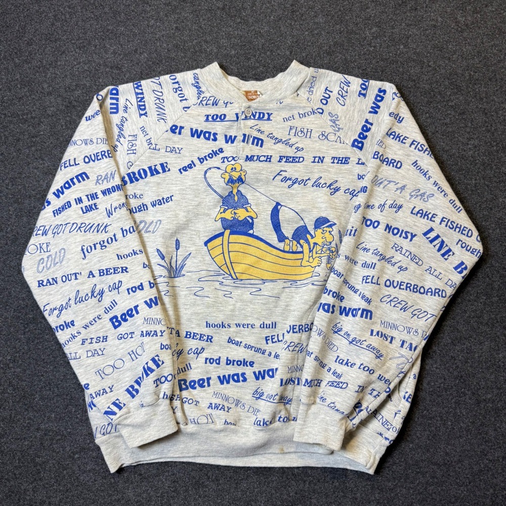 Vintage 1988 Henley Sweatshirt Mens
XL Gray Fishing Humor AOP made in
USA